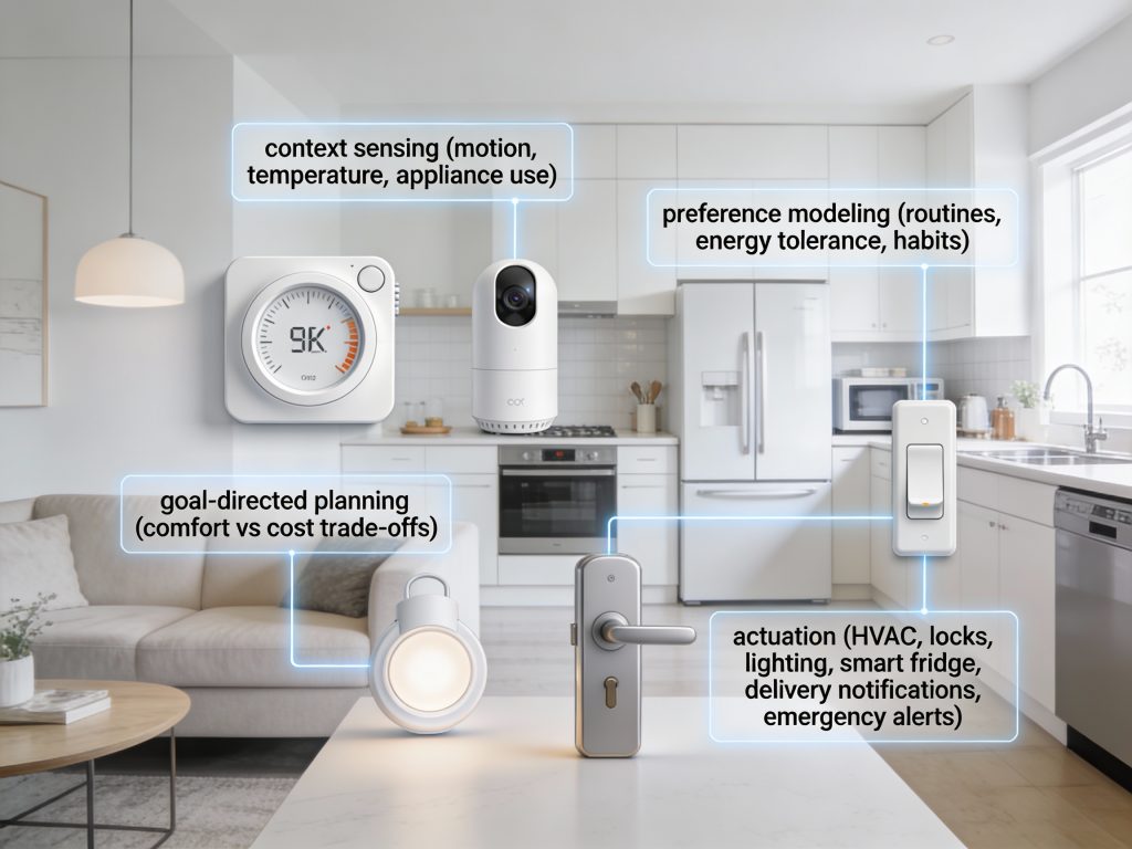 Core technologies enabling autonomous homes, including multimodal sensing, ML pipelines, edge/cloud inference, and security