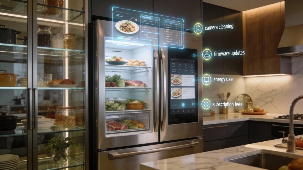 luxury smart fridge showing daily performance, maintenance reminders, and cost metrics in a high-end kitchen