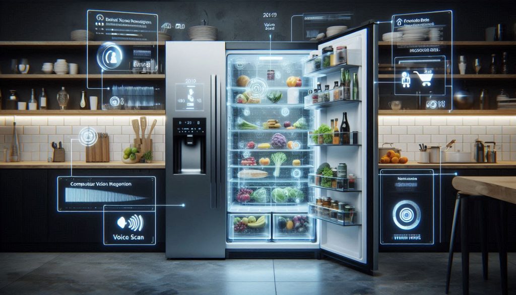 Luxury smart refrigerator demonstrating AI meal-planning workflow with cameras, sensors, inventory tracking, and recipe scheduling in a modern kitchen.