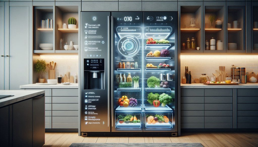 High-end AI smart refrigerator highlighting inventory accuracy, meal-planning intelligence, personalization, and smart home integrations in a luxury kitchen.