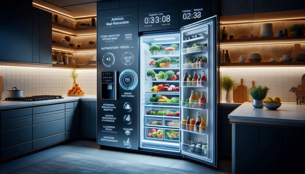 High-end smart refrigerator with AI meal-planning interface showing food inventory, recipe suggestions, and expiration alerts in a luxury modern kitchen.