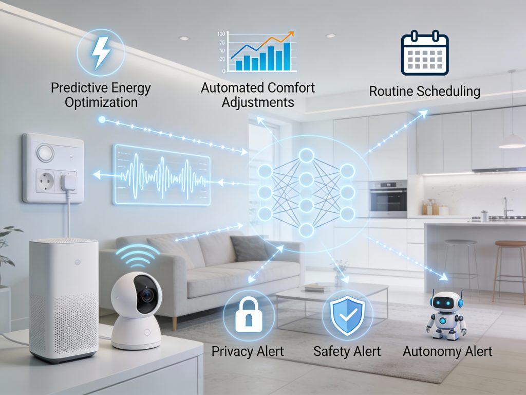 Autonomous AI systems managing a smart home with predictive energy, comfort, and routines