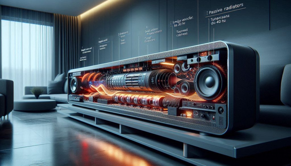 Cutaway view of a hyper-realistic all-in-one soundbar showing internal drivers, passive radiators, and DSP in action, with visual low-frequency waves extending into the room.