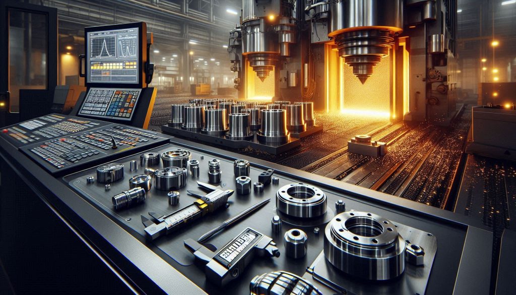 hyper-realistic view of american luxury steel manufacturing with cnc machining, heat treatment, and quality inspection tools.