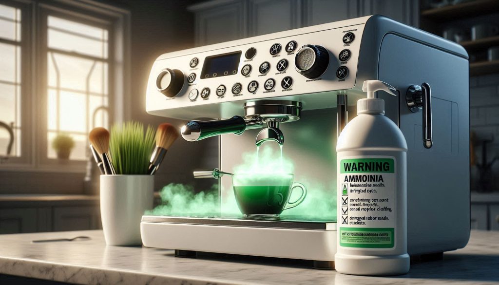 White espresso machine with a bottle of ammonia and warning symbols illustrating chemical hazards, damage to seals, and safe cleaning alternatives.