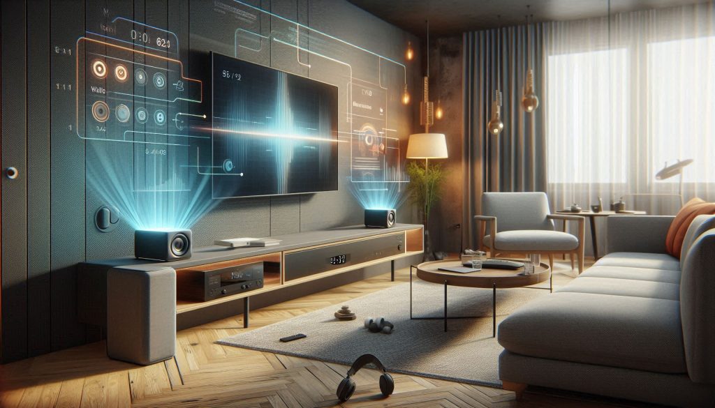 Apartment living room showing a soundbar directing audio toward the seating area with minimal wall vibrations, highlighting beamforming and bass management features.