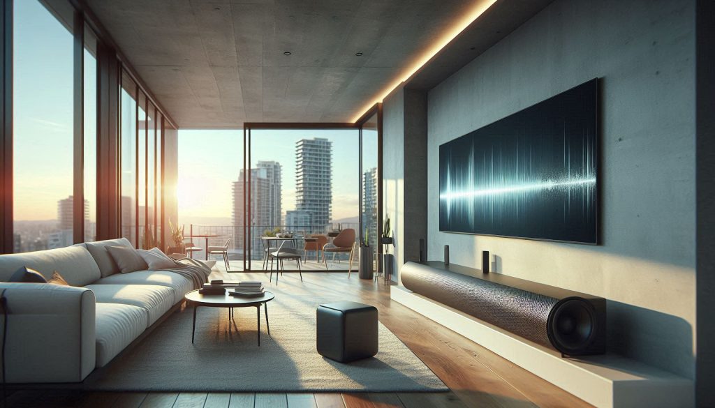 Apartment living room with a modern soundbar under a flat-screen TV, compact subwoofer on the floor, showing controlled audio suitable for thin walls.