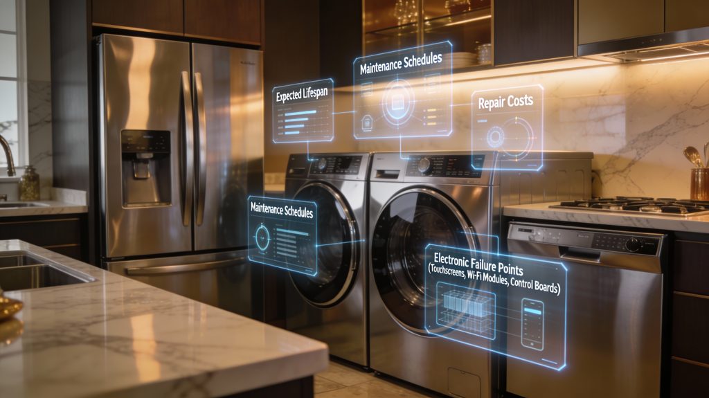 luxury smart appliances with holographic displays showing lifespan, maintenance, repair costs, and durability metrics in a high-end home