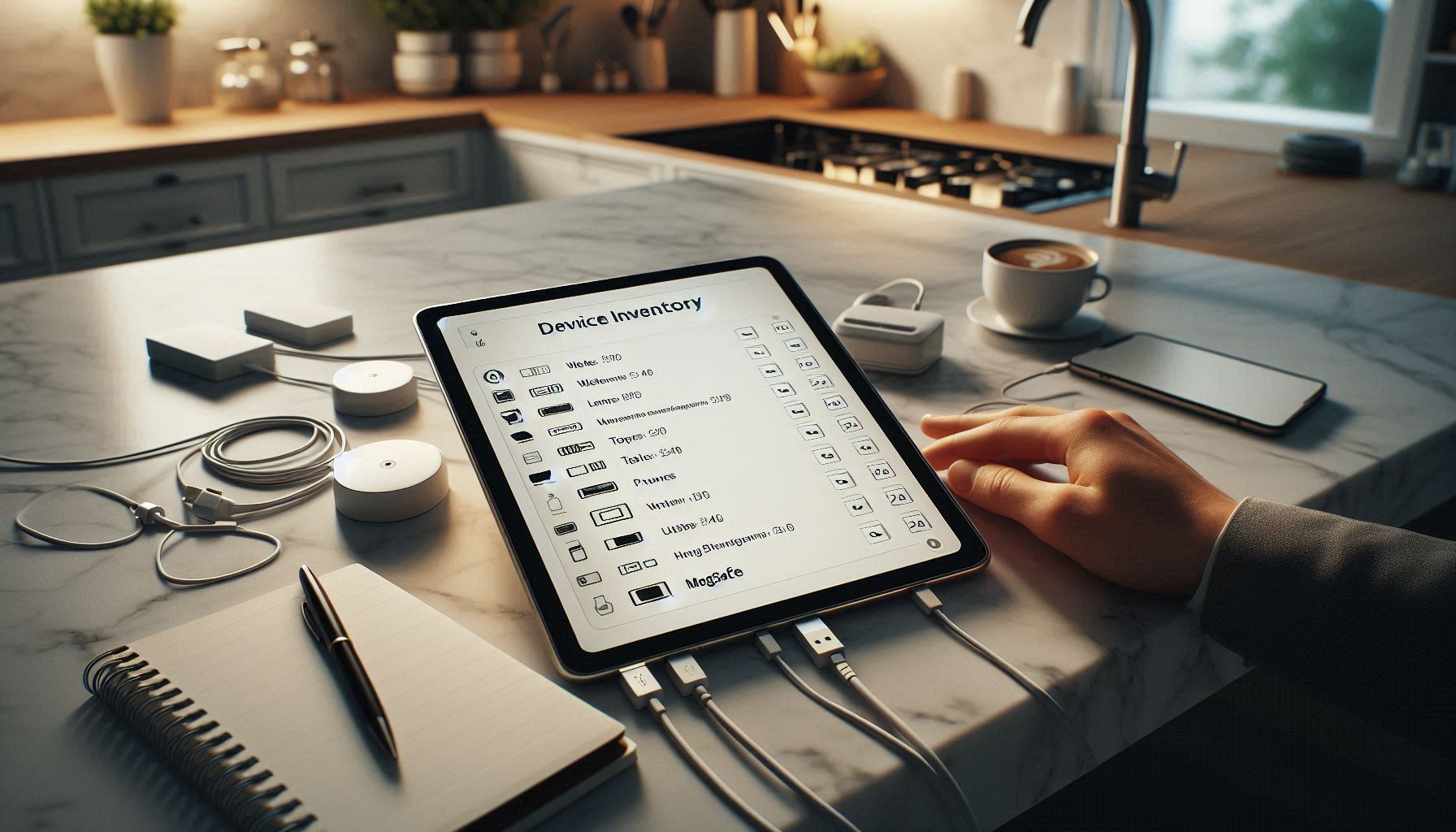 Kitchen workspace showing a device inventory and power budget checklist for a hidden charging station.