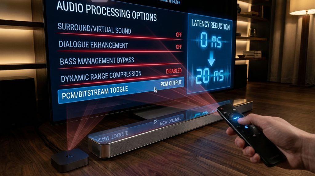 A modern home theater with a TV and soundbar displaying audio settings; a hand selects PCM output while visual overlays show latency improvements.