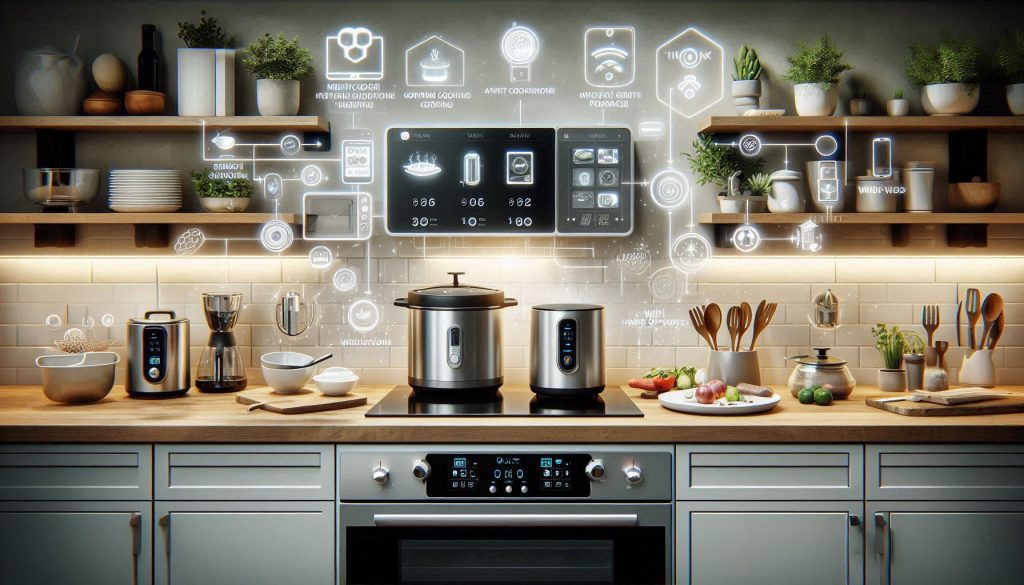 Smart kitchen with multicooker, smart oven, air fryer, and Wi-Fi sous-vide, showing automated cooking and time-saving digital overlays.