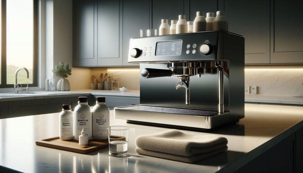 Breville Barista Touch espresso machine with correct descaling tools displayed in a luxury kitchen.