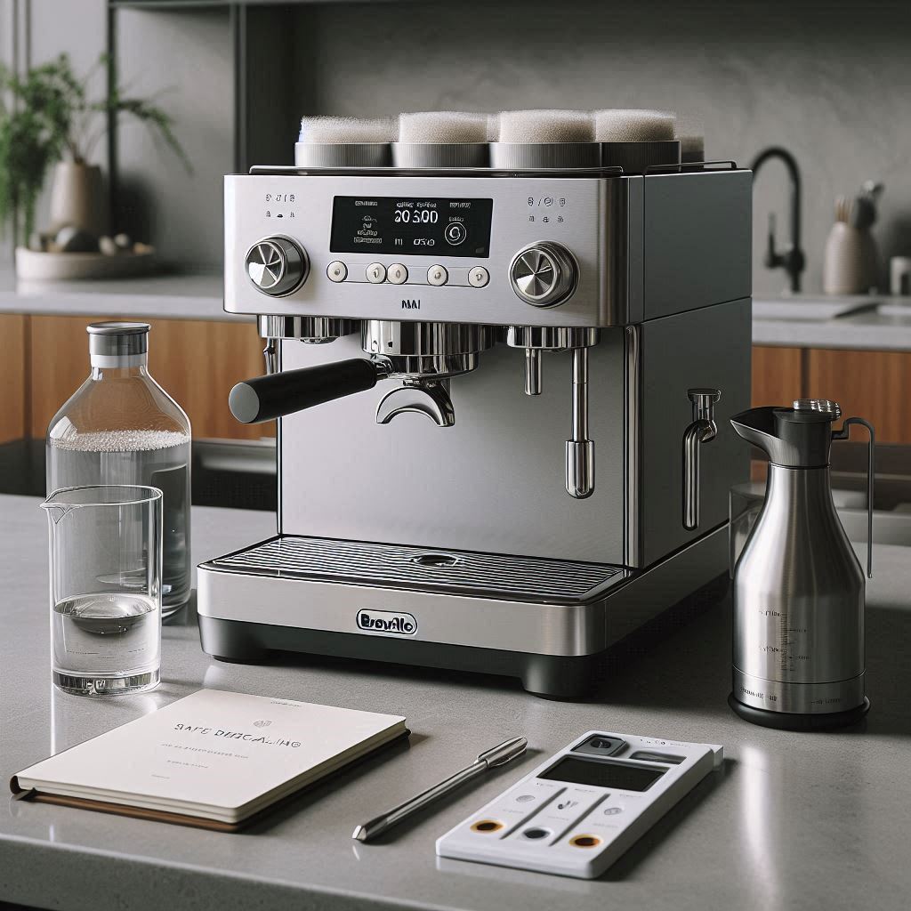 Breville Barista Touch espresso machine with approved descaling supplies arranged for safe maintenance.