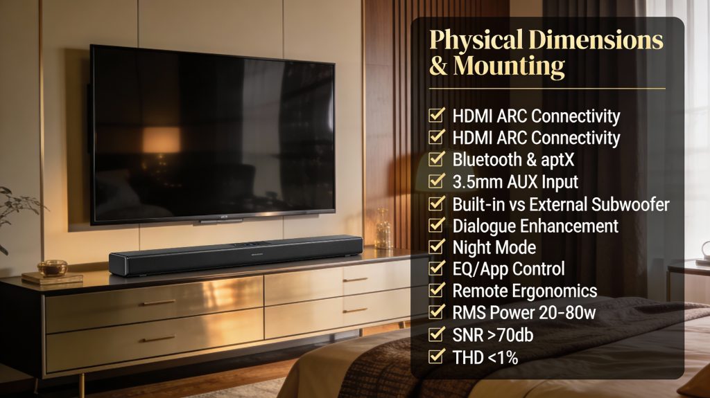 luxury bedroom with compact soundbar under wall-mounted 4k tv, floating visual checklist with checkboxes for essential soundbar features: dimensions, hdmi arc, bluetooth, aux, subwoofer, dialogue enhancement, night mode, eq/app, remote, rms, snr, thd, hyper-realistic cinematic lighting