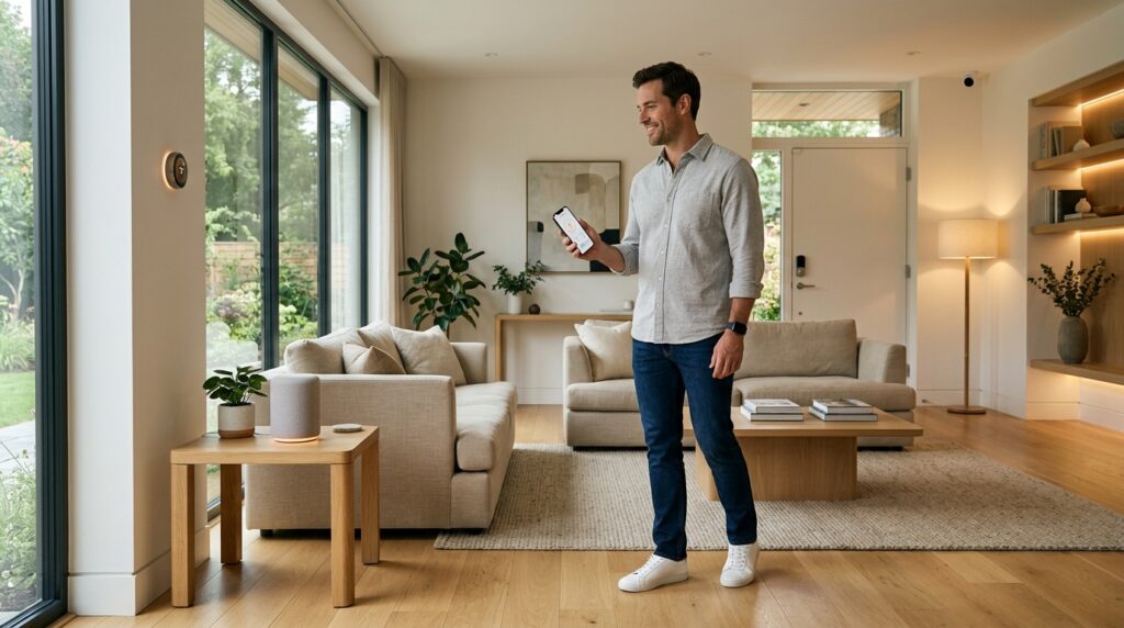 Beginner homeowner exploring a simple smart home setup with connected devices.
