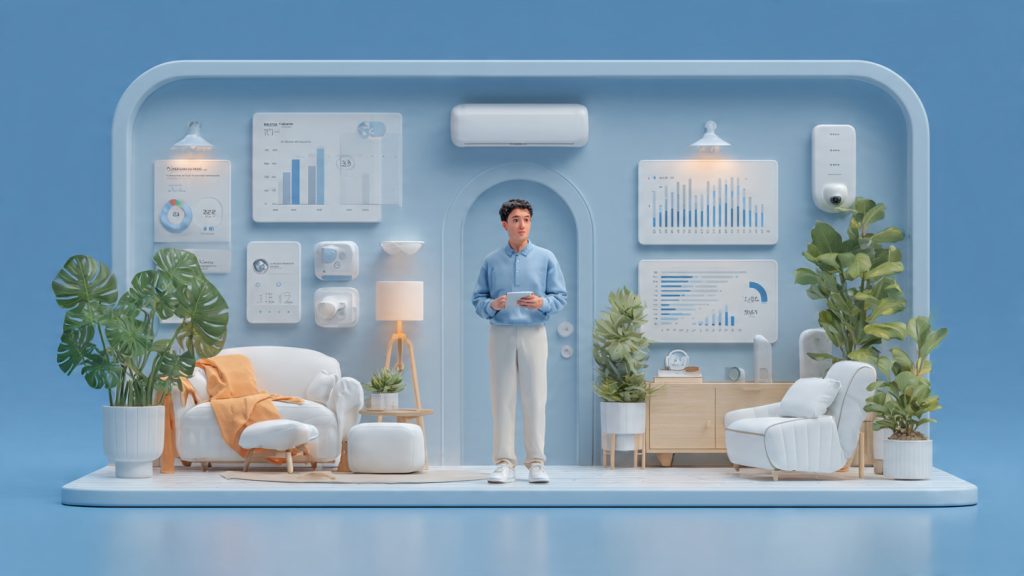 Beginner smart home setup with white smart gadgets, hub, thermostat, lighting, and security devices