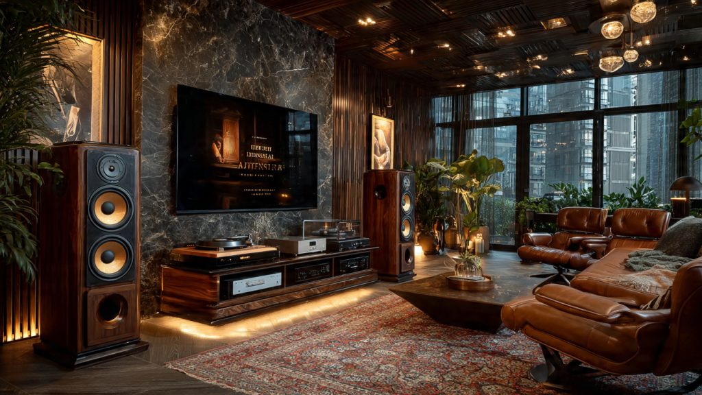 Luxury home theater with expensive Hi-Fi system, floor-standing speakers, OLED TV, and Dolby Atmos setup