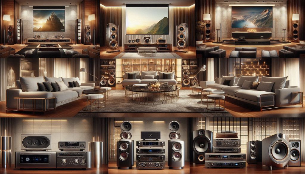 Collage of top luxury home theater systems with premium TVs, speakers, receivers and sleek seating