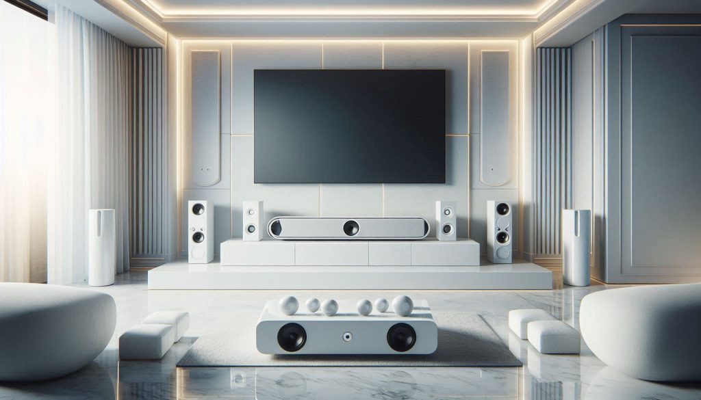 High-end white soundbar and speaker setup in a luxury living room optimized for Spotify music streaming