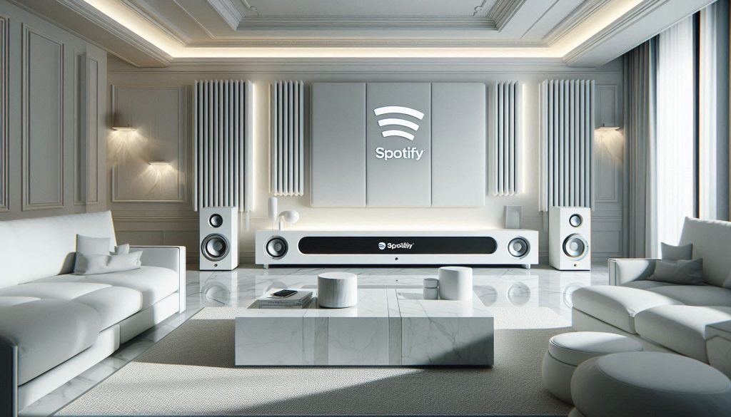 High-end white soundbar and speaker setup in a luxury living room optimized for Spotify music streaming