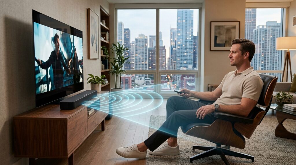 Homeowner enjoying a premium soundbar in a luxury apartment with thin walls