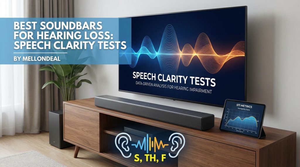 Hyper-realistic soundbar speech clarity test setup showing enhanced dialogue intelligibility for hearing loss.