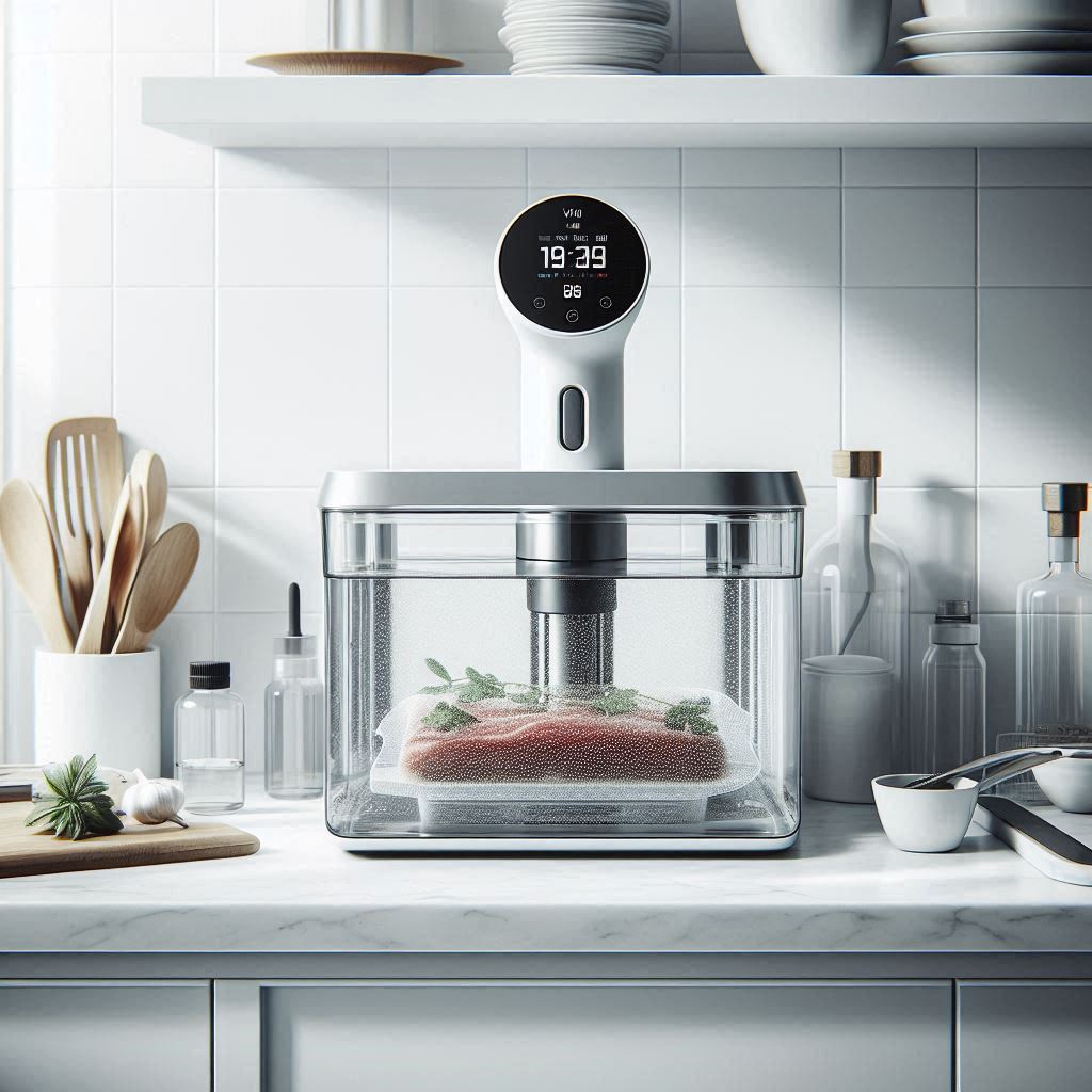 Sous vide circulator maintaining precise temperature in a clear water bath on a white countertop.
