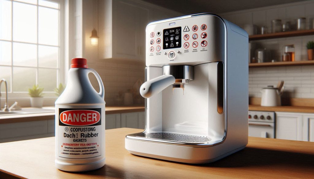 White espresso machine with a bottle of bleach and warning icons illustrating chemical hazards and damage prevention steps.