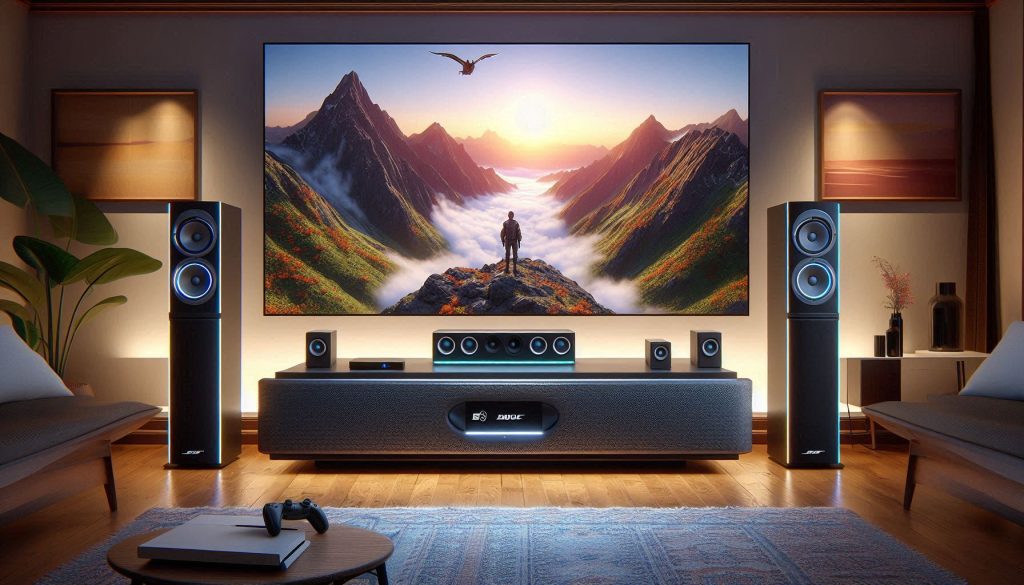 bose dolby atmos soundbar with bass module and wireless surrounds, ps5/xbox setup highlighting clear dialogue, refined presentation, and immersive positional audio