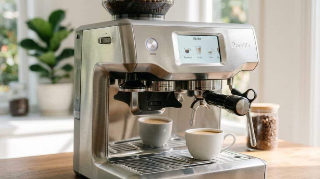 Breville Barista Touch espresso machine in brushed stainless steel displayed in a bright luxury kitchen with the maintenance menu ready for safe descaling.