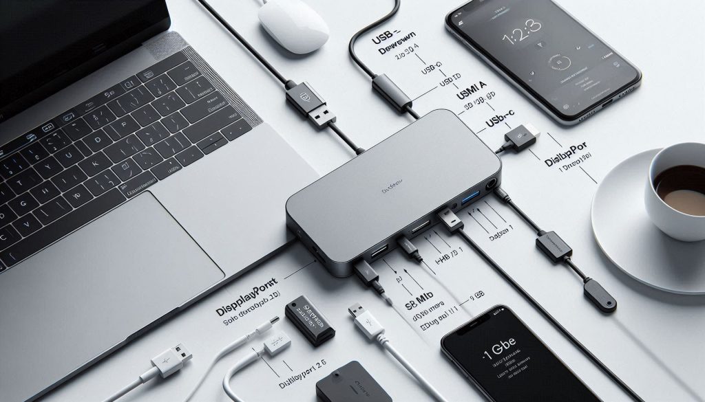 Budget USB-C dock with labeled ports showing USB-A, USB-C PD/data, HDMI/DisplayPort, Ethernet, and SD card reader specifications.