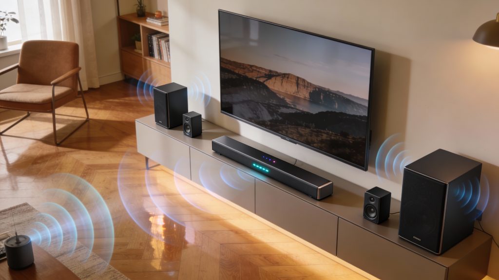 Budget soundbar with wireless rear speakers in a modern apartment living room, showing immersive surround sound and compact audio setup.