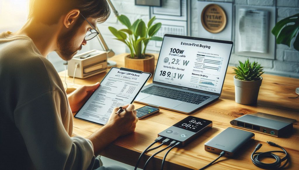 User testing a budget USB-C dock with 100W PD cable and USB-C power meter while reviewing spec sheets and online performance reports.