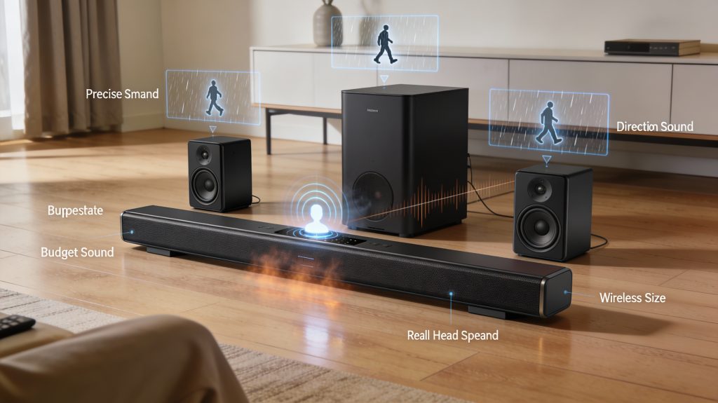 Budget soundbar with wireless rear speakers and subwoofer in a living room, showing surround imaging, dialogue clarity, and bass extension.
