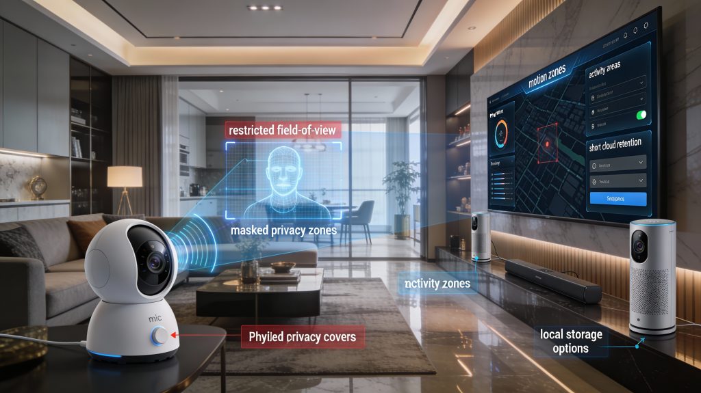 Luxury smart home devices with camera covers and microphone mutes activated, showing privacy settings dashboards with motion zones and local storage options.