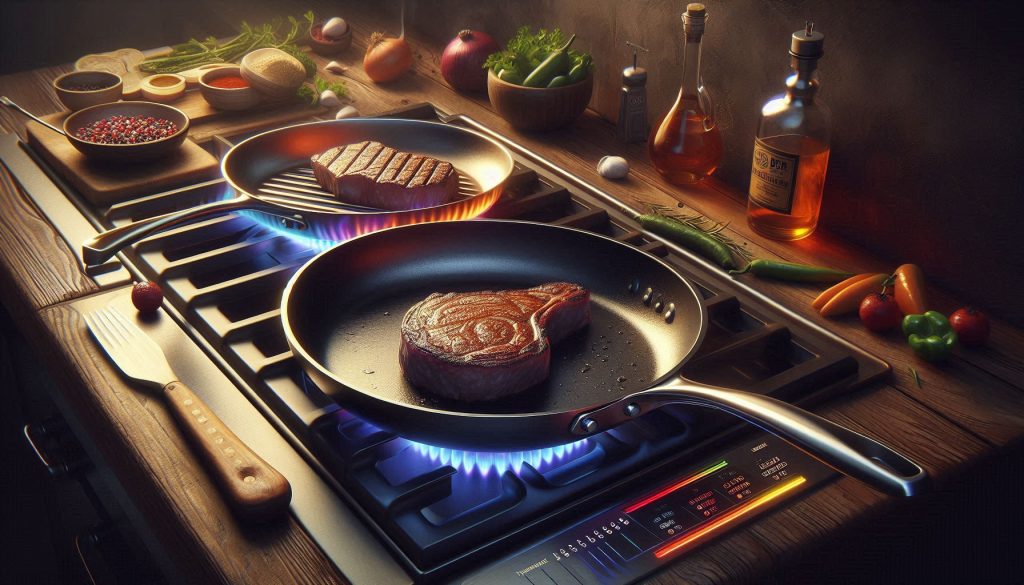 two carbon steel frypans, solidteknics and de buyer, side by side on a stovetop with ingredients and heat visualization highlighting performance differences