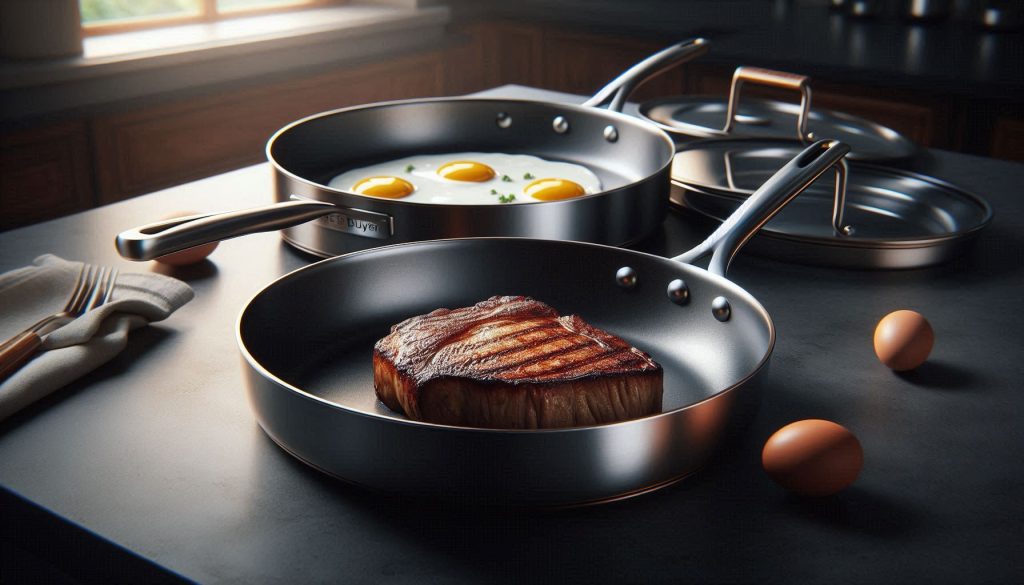 solidteknics and de buyer carbon steel pans showing handle design, side profile, and practical usability with steak and eggs cooking
