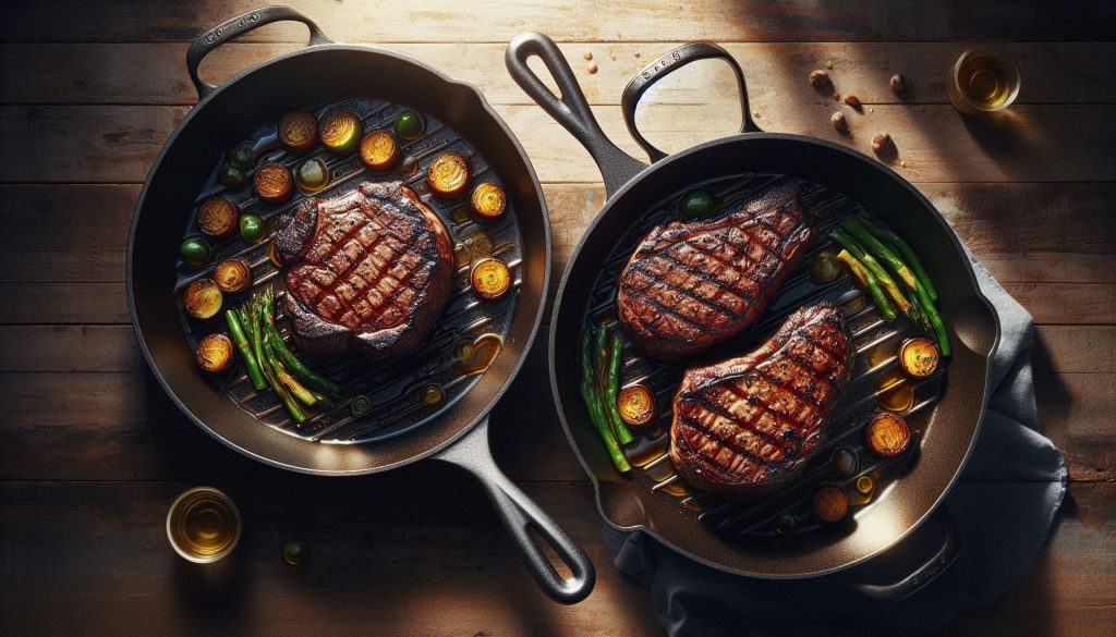 two carbon steel frying pans side by side, highlighting thickness and textured finishes with perfectly seared steaks and sautéed vegetables