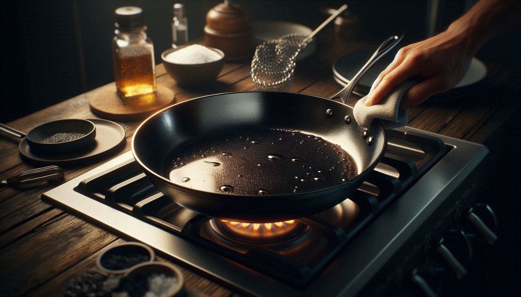 well-seasoned carbon steel pan being maintained with oil and salt on a stovetop