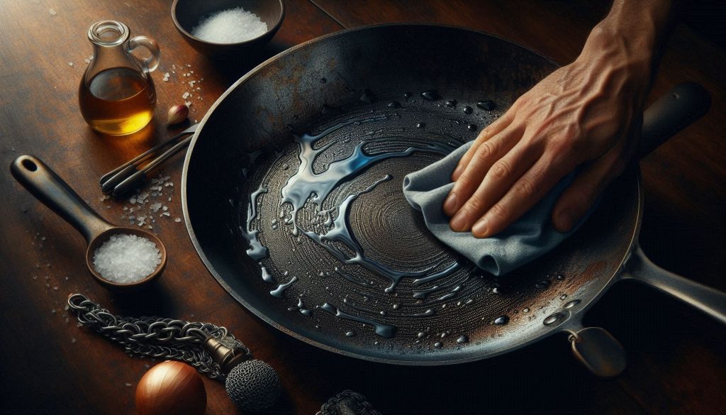 close-up of a seasoned carbon steel pan being maintained with oil and salt
