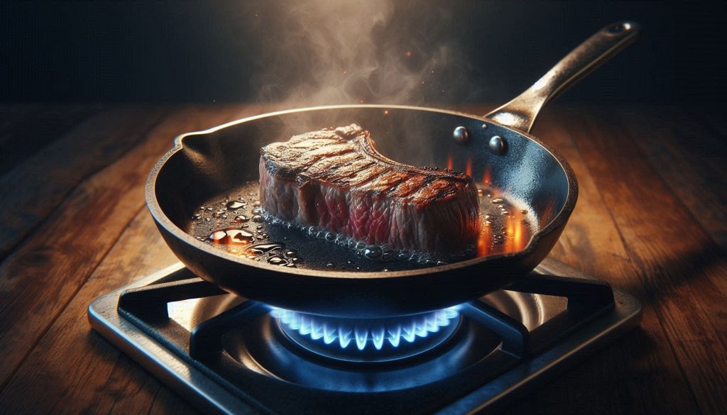carbon steel pan searing steak with deep crust over high heat