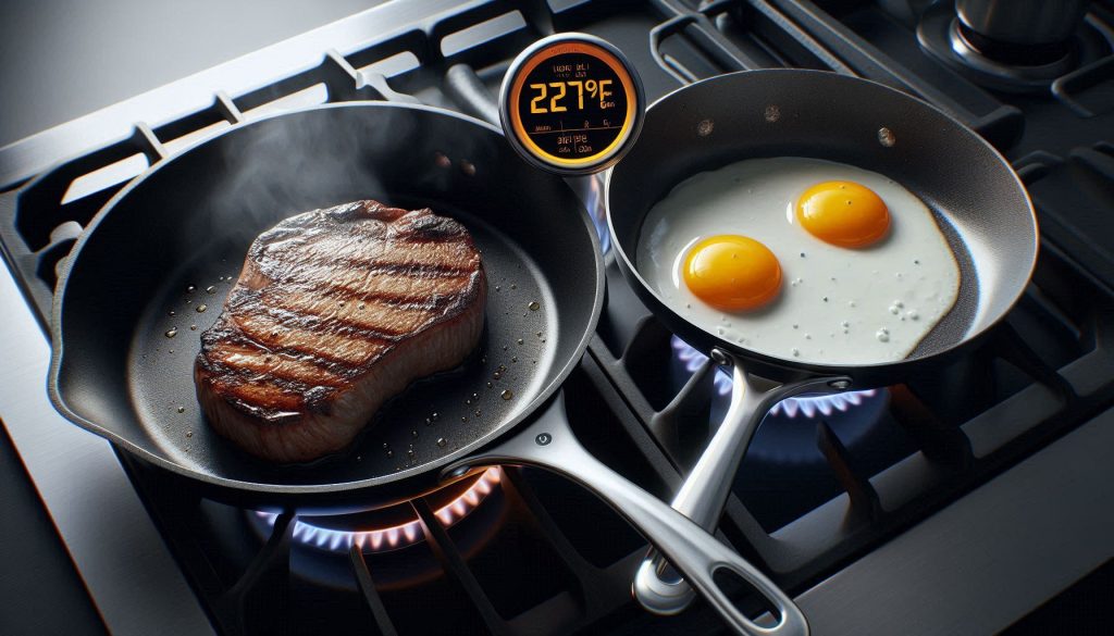 solidteknics and de buyer carbon steel pans on stovetop demonstrating heat spread and cooking performance, steak searing and eggs cooking, infrared thermometer measuring temperature