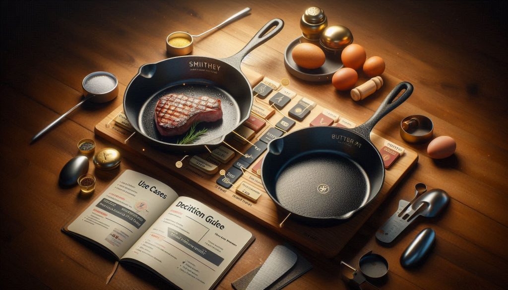 two cast-iron pans with a decision tree chart, cooking icons, and notebook illustrating which pan is right for different cooking styles