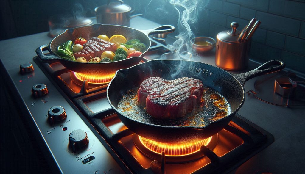 two cast-iron pans demonstrating heat-up, retention, searing differences: smithey 12″ vs butter pat 10″