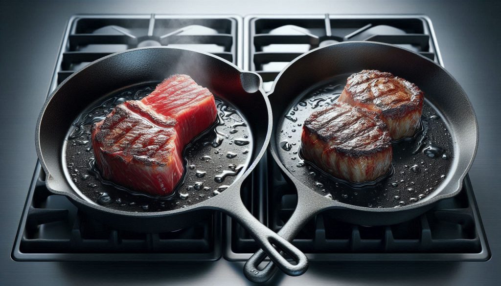 two polished cast-iron skillets emphasizing differences in wall thickness, interior finish, and thermal mass