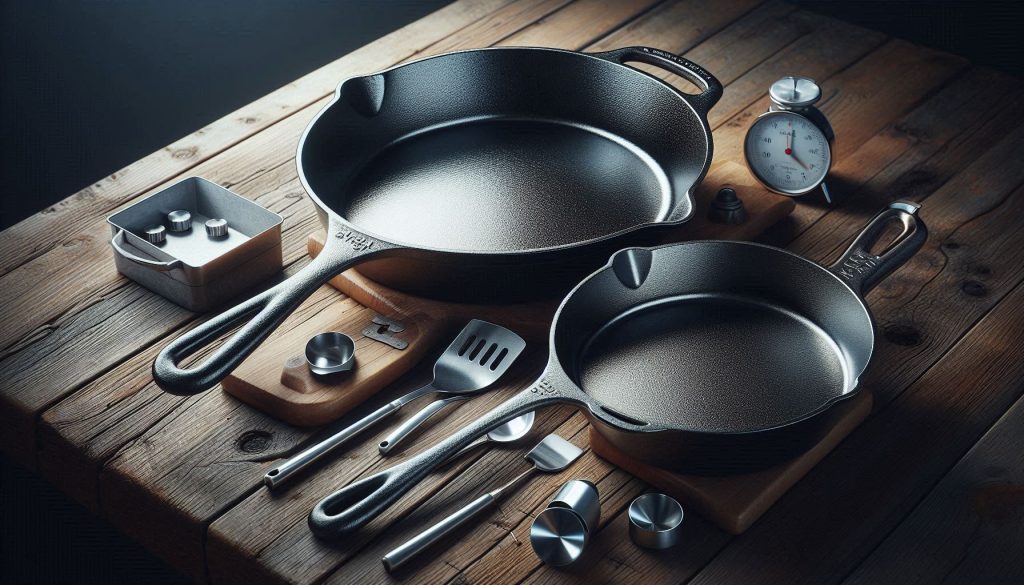 two polished cast-iron skillets highlighting differences in finish, handle design, and wall thickness