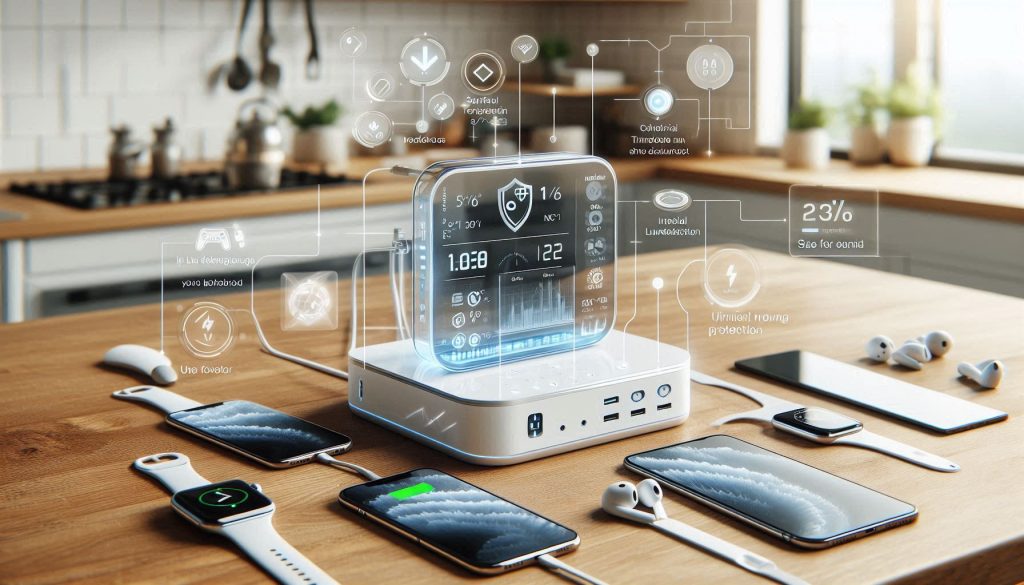 Lab-tested countertop charging hub showing safety, thermal, and user experience metrics
