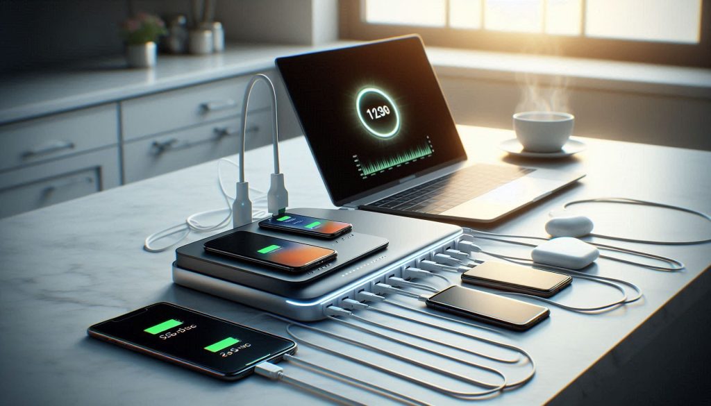 Modern countertop charging hub powering multiple devices with visible heat mapping to illustrate safety and performance.