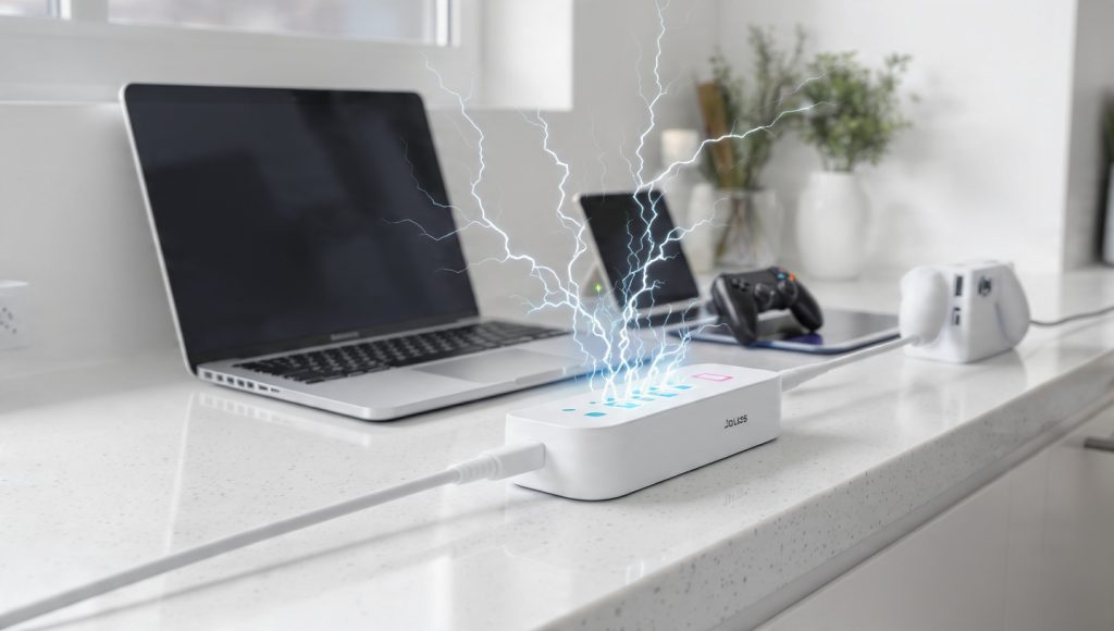 White surge protector with high joules rating protecting laptops and smart devices