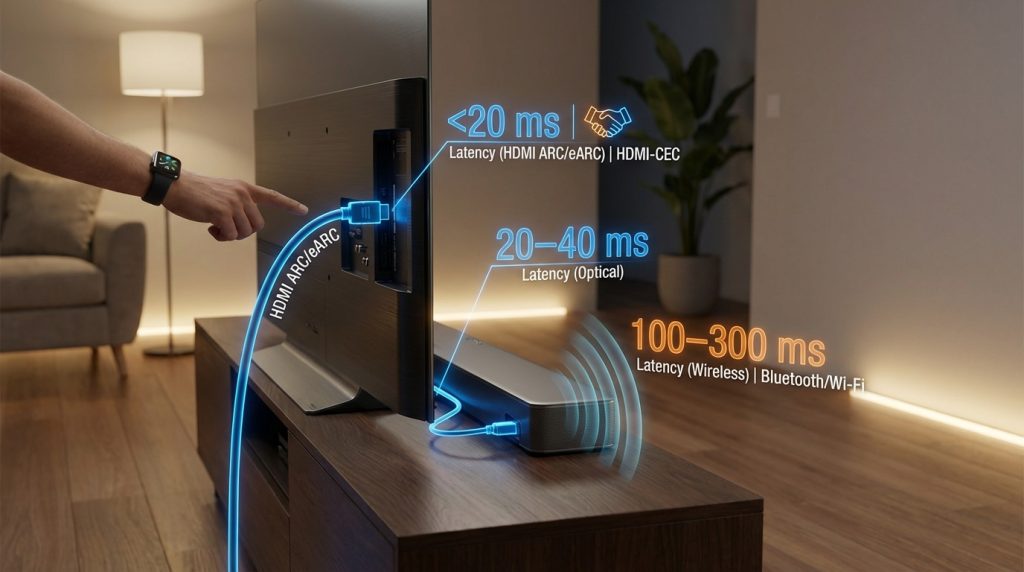 user configuring tv to soundbar connections via hdmi eARC, optical, and wireless, with latency overlays
